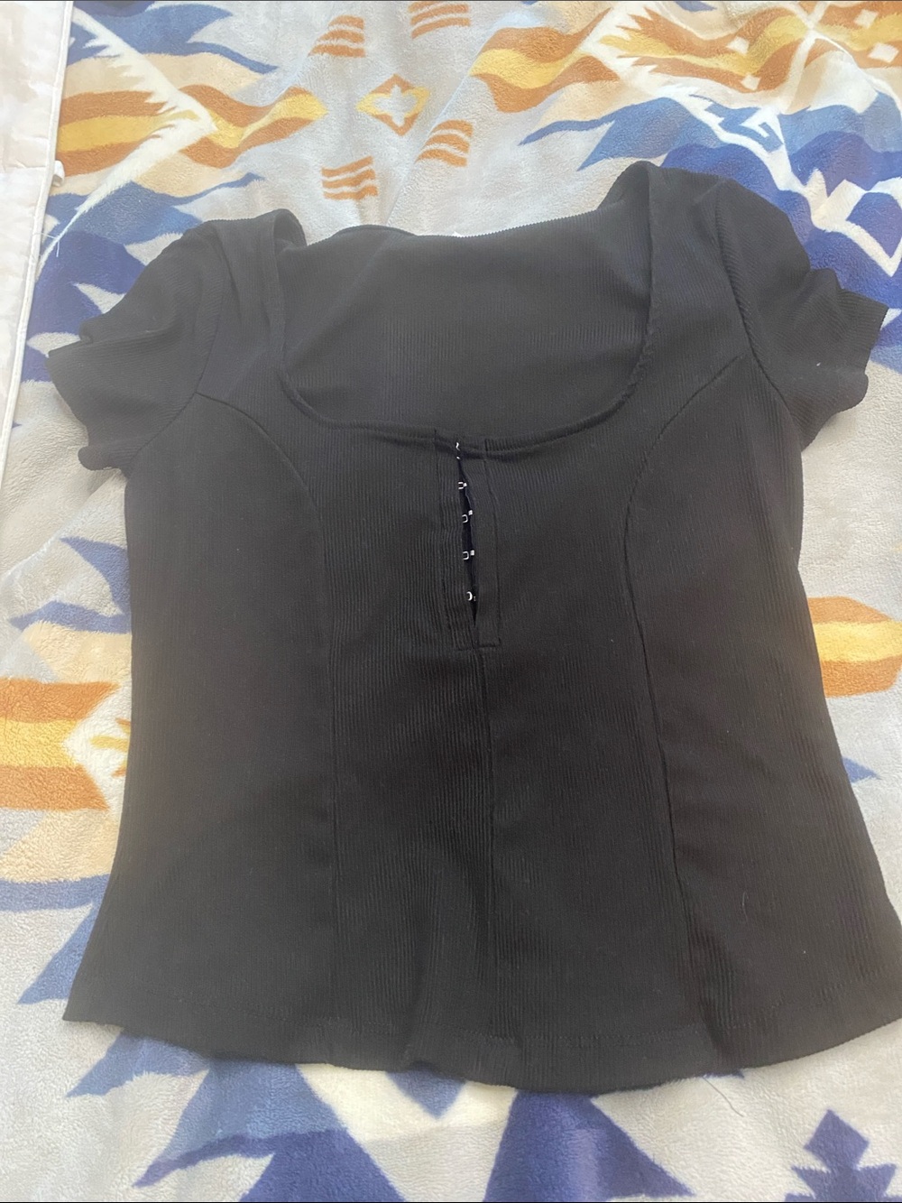 Classic Black Ribbed Scoop Crop Top with Front Button Detail